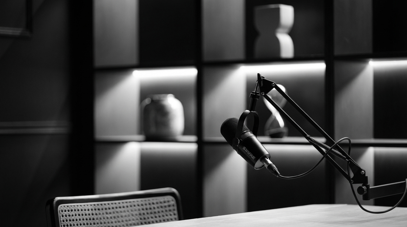 Studio podcast ultra-moderne avec panneaux acoustiques sombres, mobilier minimaliste et éclairage atmosphérique