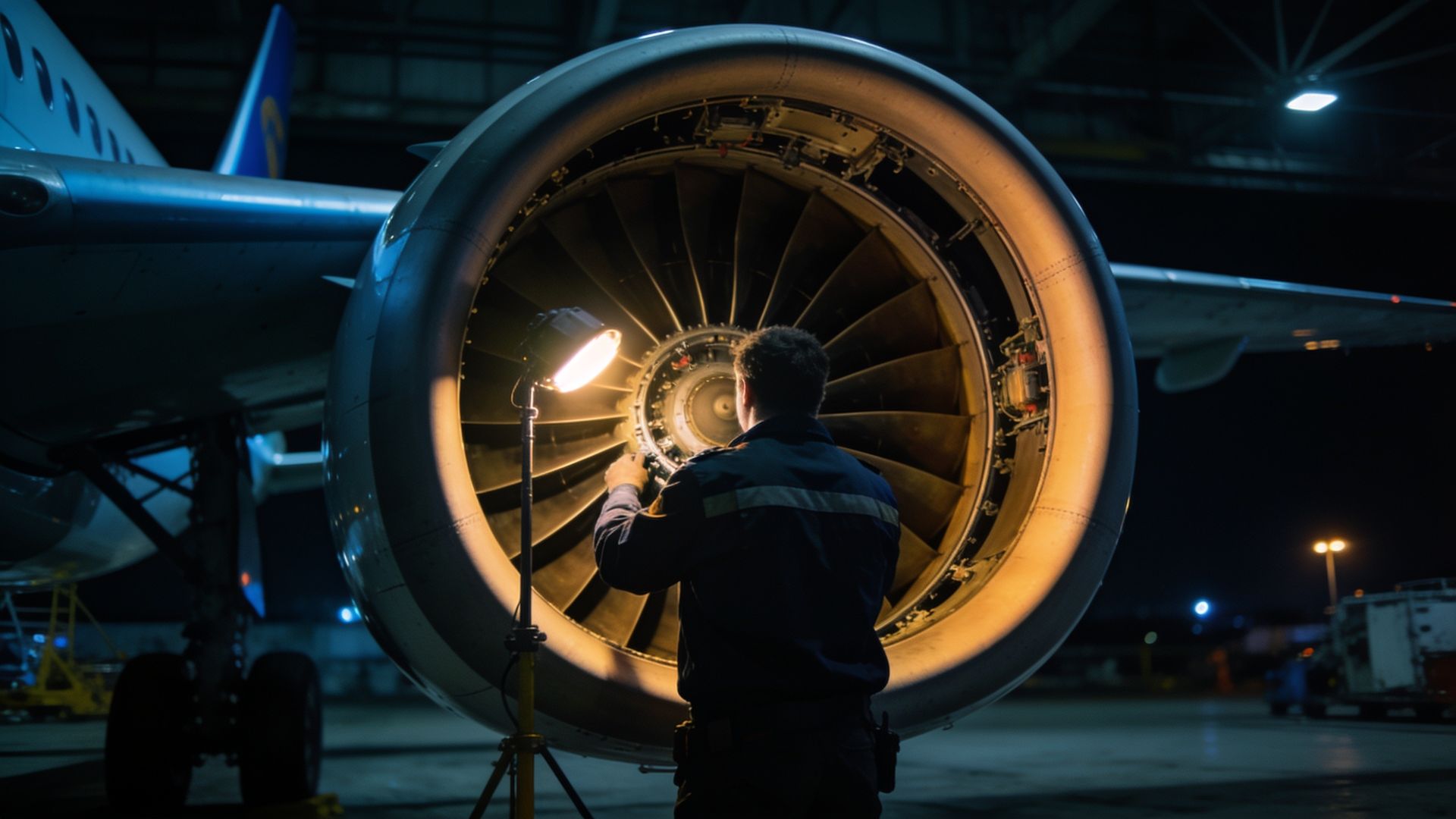 Technicien de maintenance inspectant un réacteur ouvert dans un hangar de nuit
