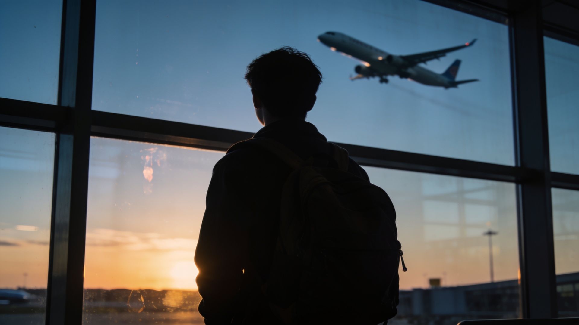 Un étudiant regarde un avion décoller depuis la baie vitrée d'un terminal