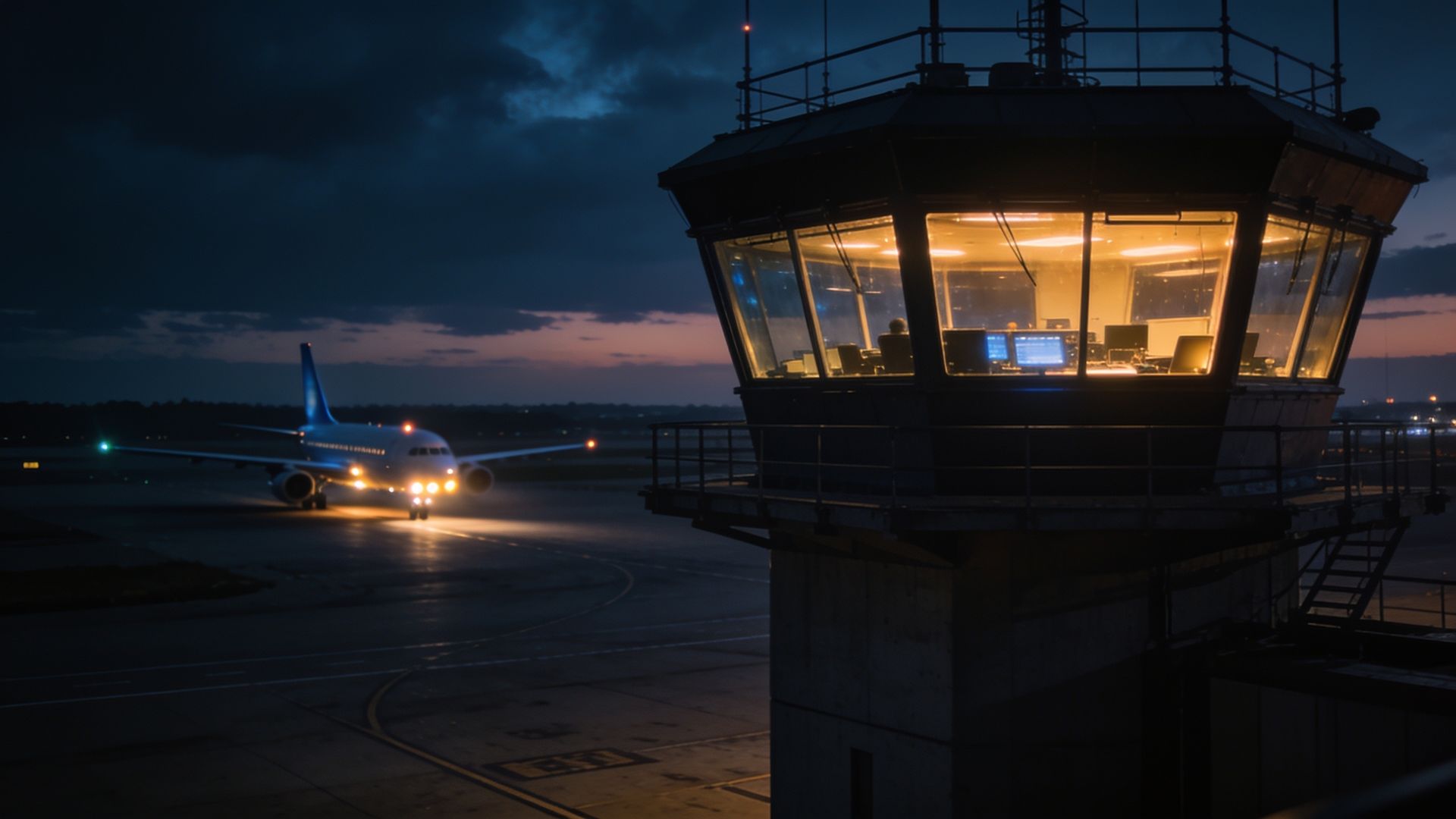 Tour de contrôle illuminée au crépuscule, un avion roulant au loin