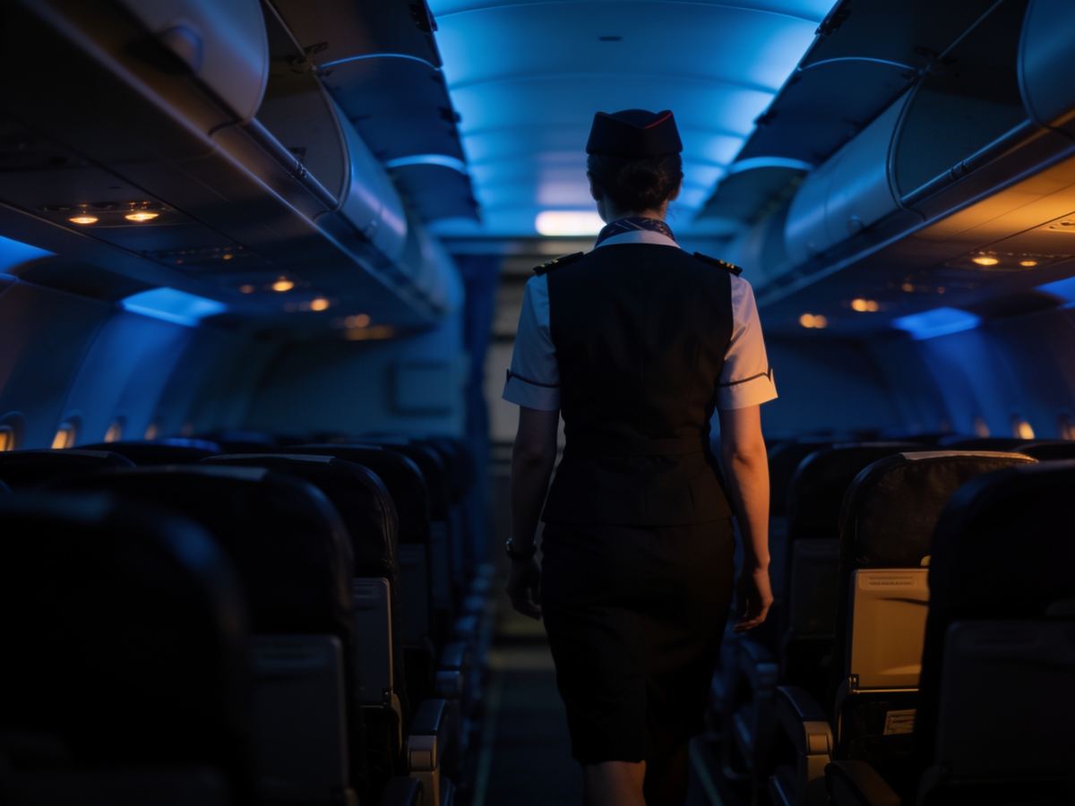 Hôtesse de l'air de dos dans l'allée d'une cabine éclairée en bleu