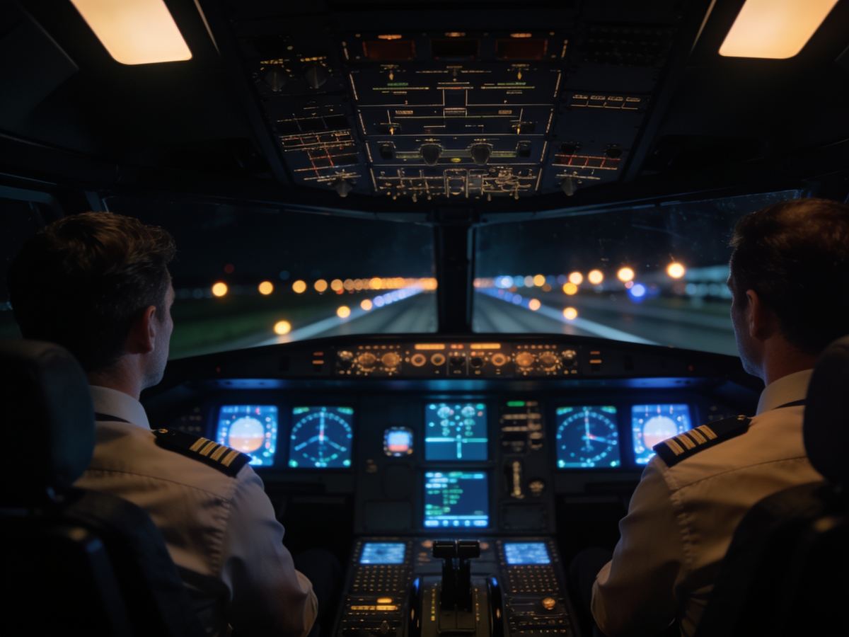 Deux pilotes de dos dans le cockpit d'un avion de ligne, de nuit