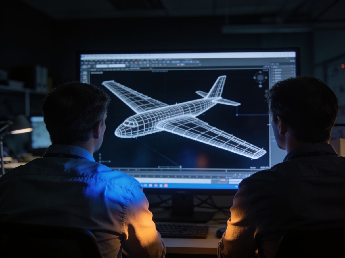 Ingénieurs devant un écran affichant le modèle 3D filaire d'un avion