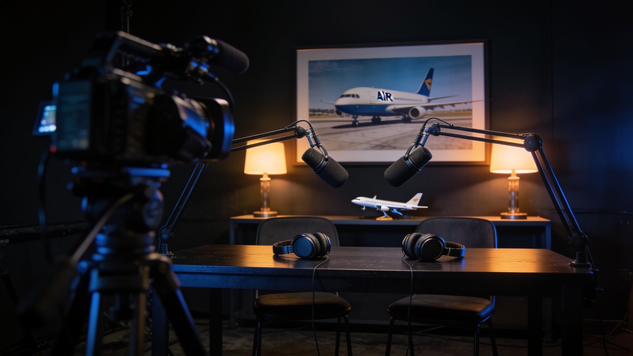 Plateau du podcast : deux micros face à face, casques posés sur la table, caméra au premier plan et maquette d'avion en fond